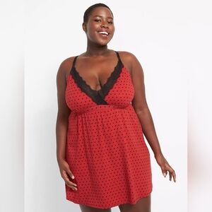Lane Bryant Cacique Red Polka Dot Lace Back Chemise Sleep Night Dress Top